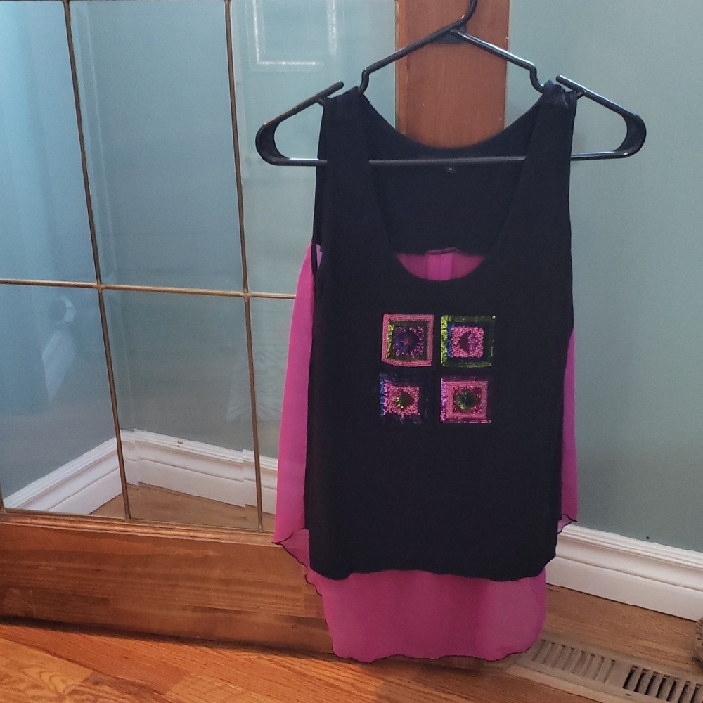 Chic Black and Pink Tank Top with Sequin Detail